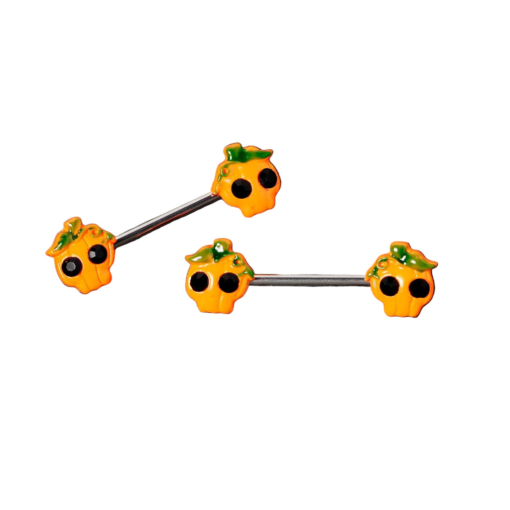 14G Womens Nipplerings Piercing 316L Steel 2Pc Orange Jack O Lantern Pumpkin Nipple Ring Set 5/8" - QIAO CrystalQIAO CrystalQIAO Crystal