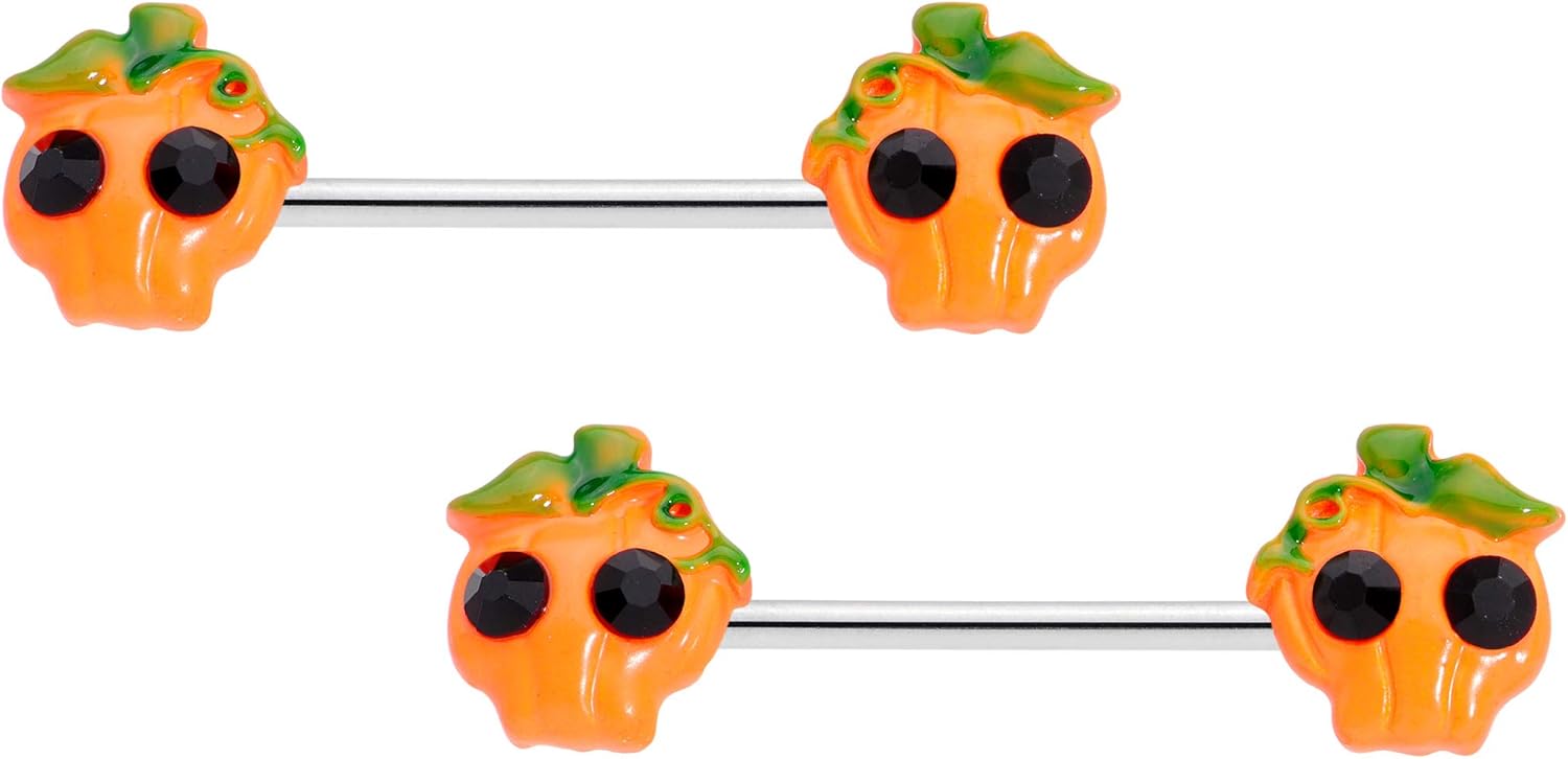 14G Womens Nipplerings Piercing 316L Steel 2Pc Orange Jack O Lantern Pumpkin Nipple Ring Set 5/8" - QIAO CrystalQIAO CrystalQIAO Crystal