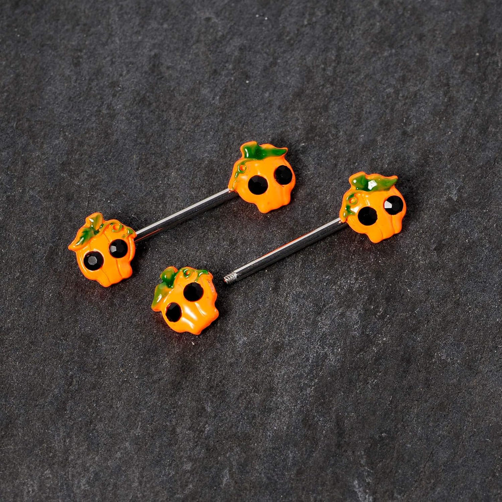 14G Womens Nipplerings Piercing 316L Steel 2Pc Orange Jack O Lantern Pumpkin Nipple Ring Set 5/8" - QIAO CrystalQIAO CrystalQIAO Crystal