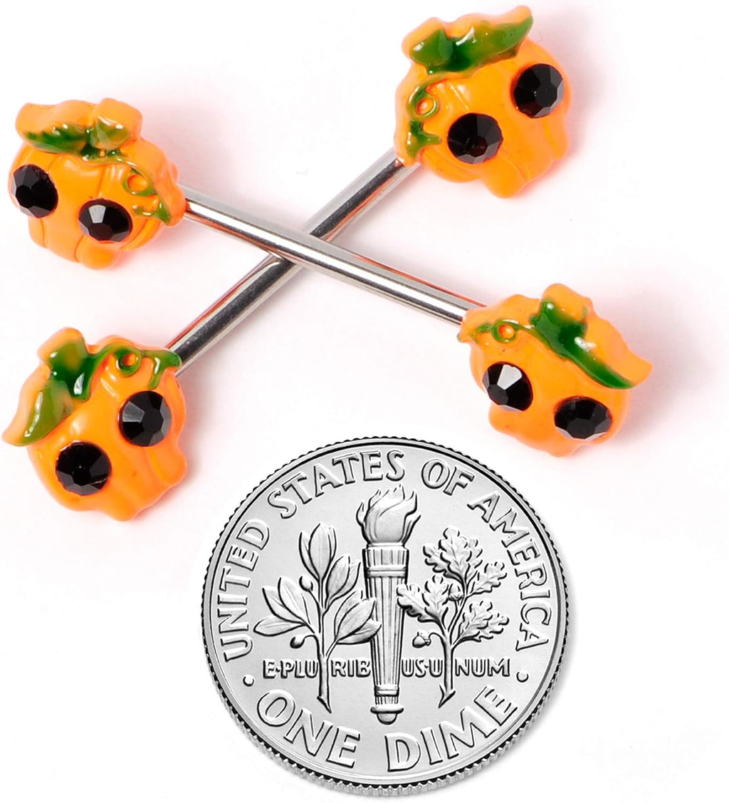 14G Womens Nipplerings Piercing 316L Steel 2Pc Orange Jack O Lantern Pumpkin Nipple Ring Set 5/8" - QIAO CrystalQIAO CrystalQIAO Crystal