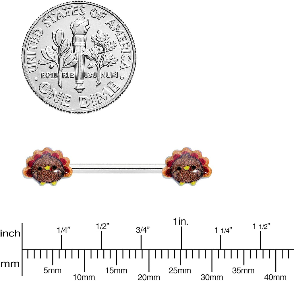 14G Womens Nipplerings Piercing Steel 2Pc Cute Colorful Turkeys Thanksgiving Nipple Ring Set 9/16" - QIAO CrystalQIAO CrystalQIAO Crystal