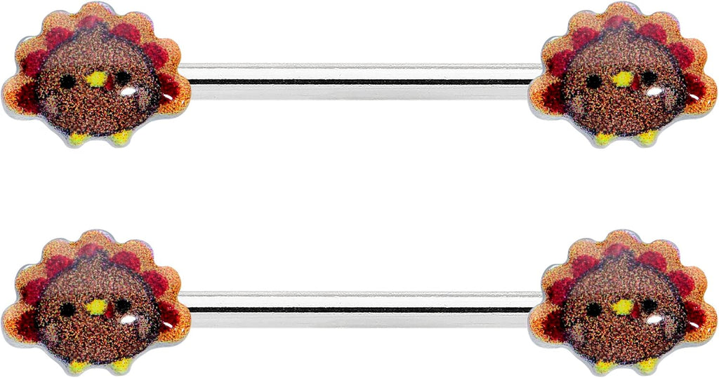 14G Womens Nipplerings Piercing Steel 2Pc Cute Colorful Turkeys Thanksgiving Nipple Ring Set 9/16" - QIAO CrystalQIAO CrystalQIAO Crystal