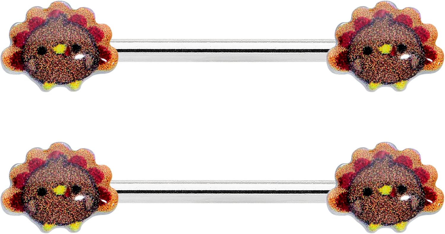 14G Womens Nipplerings Piercing Steel 2Pc Cute Colorful Turkeys Thanksgiving Nipple Ring Set 9/16" - QIAO CrystalQIAO CrystalQIAO Crystal