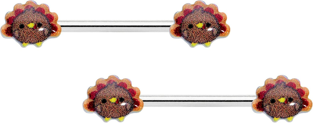 14G Womens Nipplerings Piercing Steel 2Pc Cute Colorful Turkeys Thanksgiving Nipple Ring Set 9/16" - QIAO CrystalQIAO CrystalQIAO Crystal