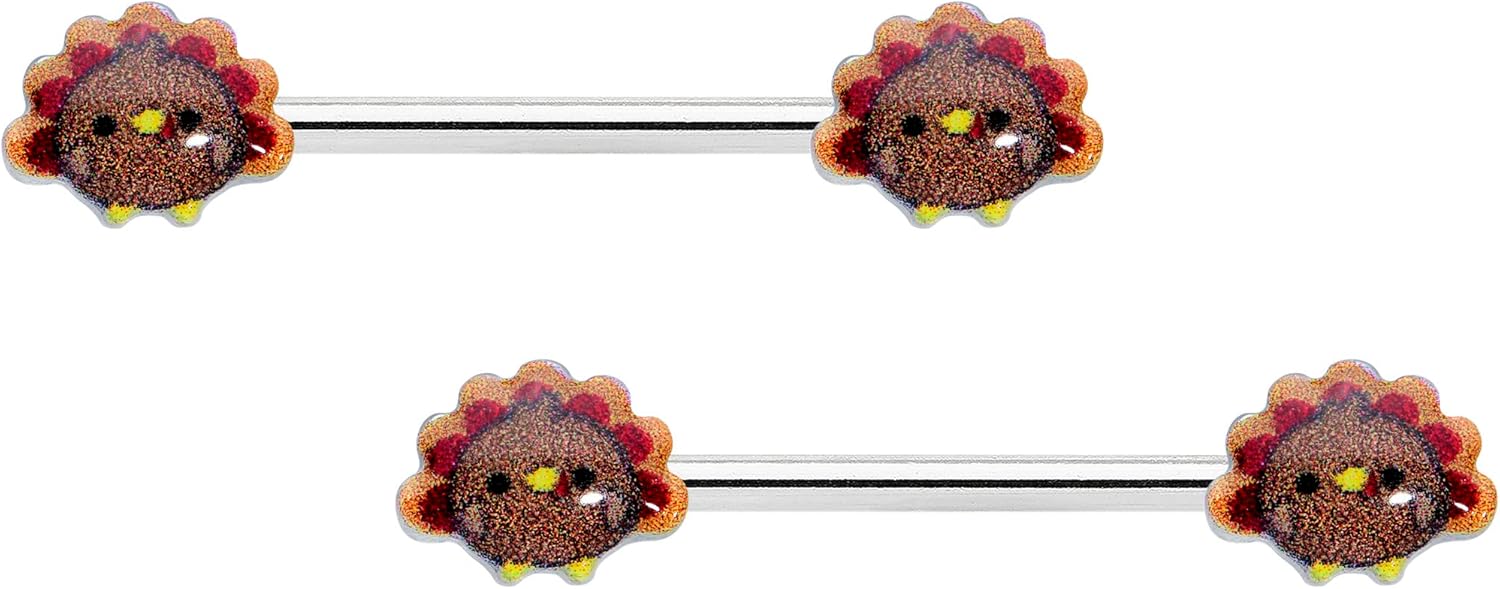 14G Womens Nipplerings Piercing Steel 2Pc Cute Colorful Turkeys Thanksgiving Nipple Ring Set 9/16" - QIAO CrystalQIAO CrystalQIAO Crystal