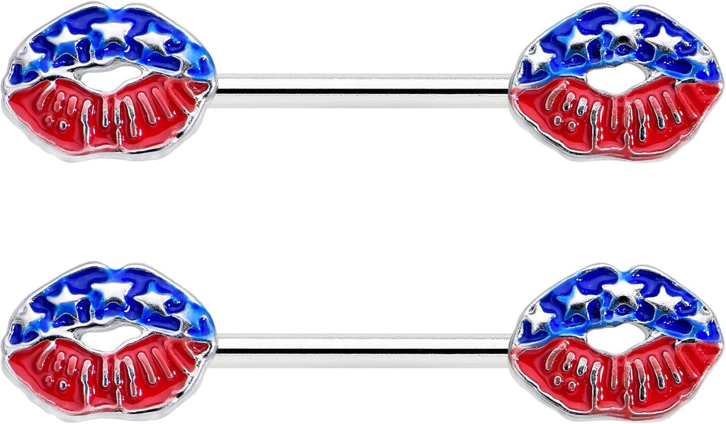 14G Womens Nipplerings Piercing Surgical Steel 2Pc USA Patriotic Kissy Lips Mens Nipple Ring Set 9/16" - QIAO CrystalQIAO CrystalQIAO Crystal