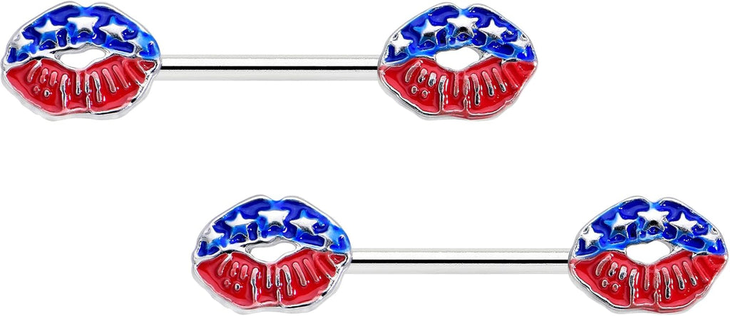 14G Womens Nipplerings Piercing Surgical Steel 2Pc USA Patriotic Kissy Lips Mens Nipple Ring Set 9/16" - QIAO CrystalQIAO CrystalQIAO Crystal