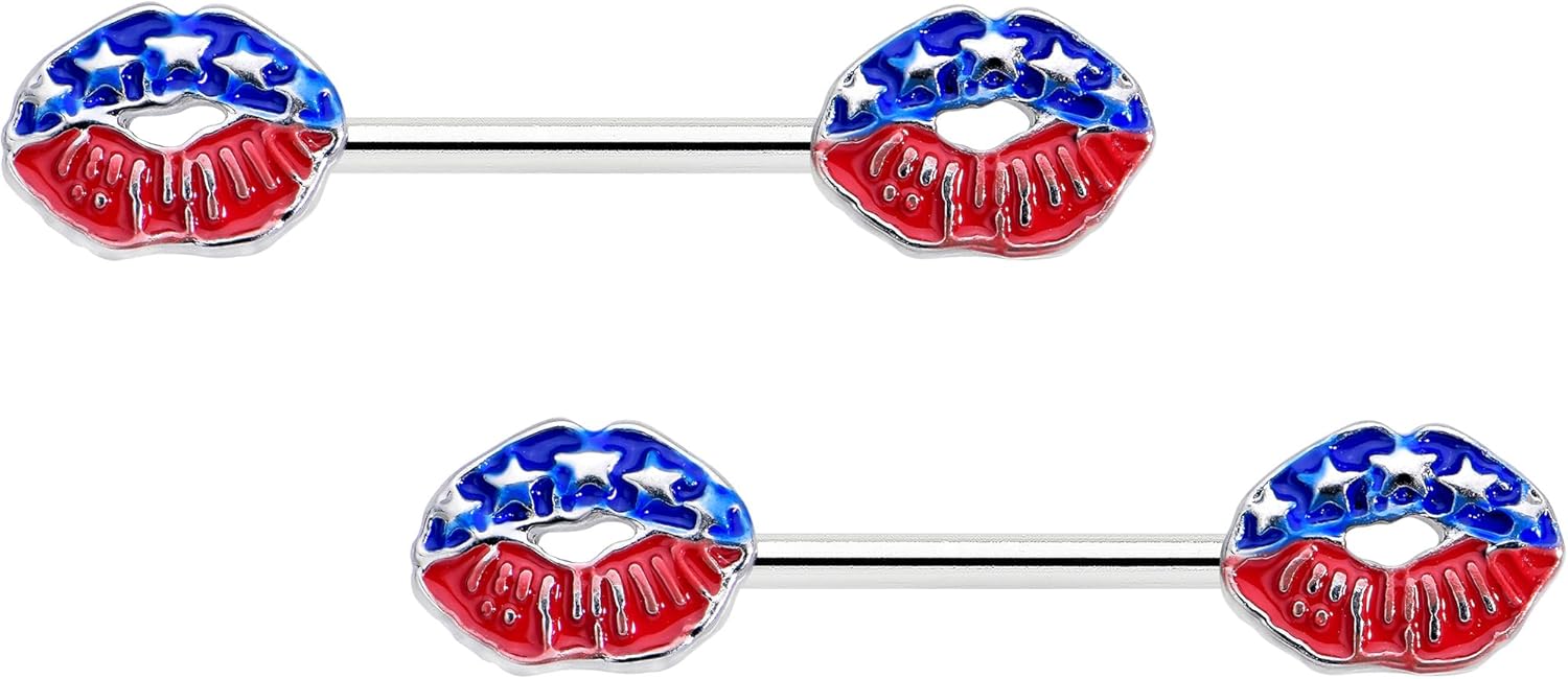 14G Womens Nipplerings Piercing Surgical Steel 2Pc USA Patriotic Kissy Lips Mens Nipple Ring Set 9/16" - QIAO CrystalQIAO CrystalQIAO Crystal