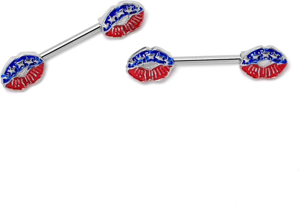 14G Womens Nipplerings Piercing Surgical Steel 2Pc USA Patriotic Kissy Lips Mens Nipple Ring Set 9/16" - QIAO CrystalQIAO CrystalQIAO Crystal