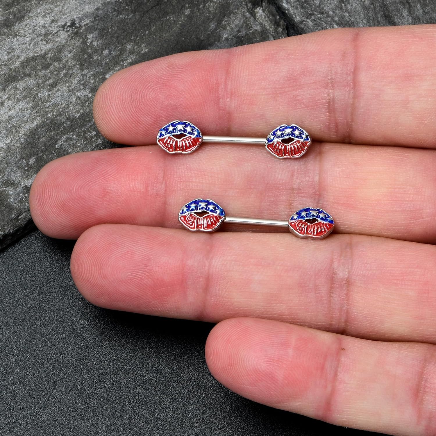 14G Womens Nipplerings Piercing Surgical Steel 2Pc USA Patriotic Kissy Lips Mens Nipple Ring Set 9/16" - QIAO CrystalQIAO CrystalQIAO Crystal