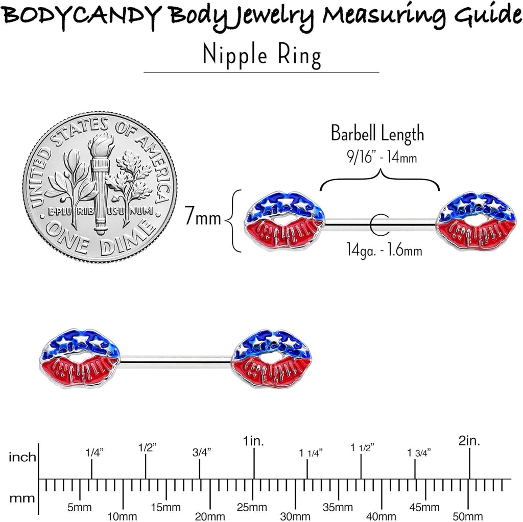 14G Womens Nipplerings Piercing Surgical Steel 2Pc USA Patriotic Kissy Lips Mens Nipple Ring Set 9/16" - QIAO CrystalQIAO CrystalQIAO Crystal