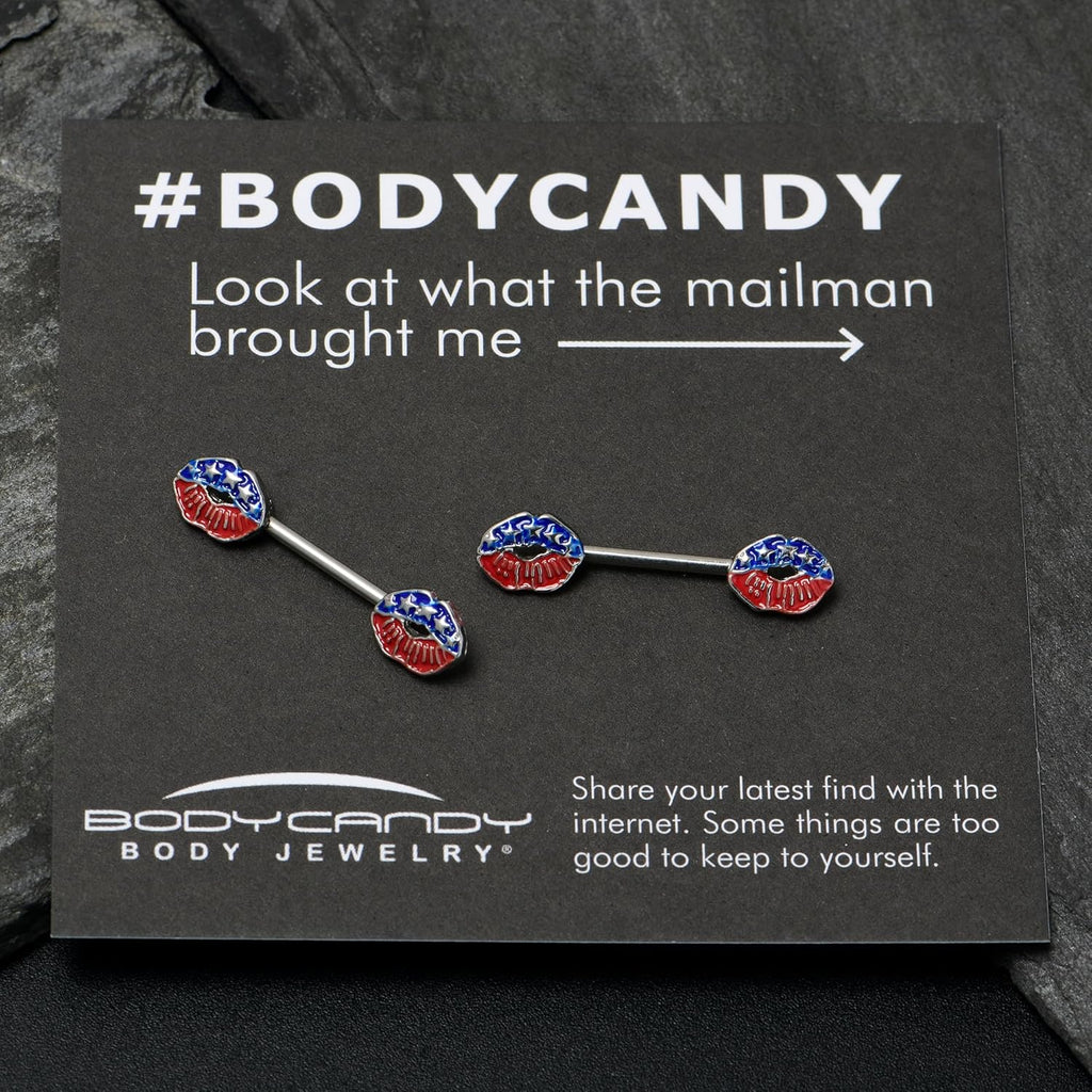 14G Womens Nipplerings Piercing Surgical Steel 2Pc USA Patriotic Kissy Lips Mens Nipple Ring Set 9/16" - QIAO CrystalQIAO CrystalQIAO Crystal