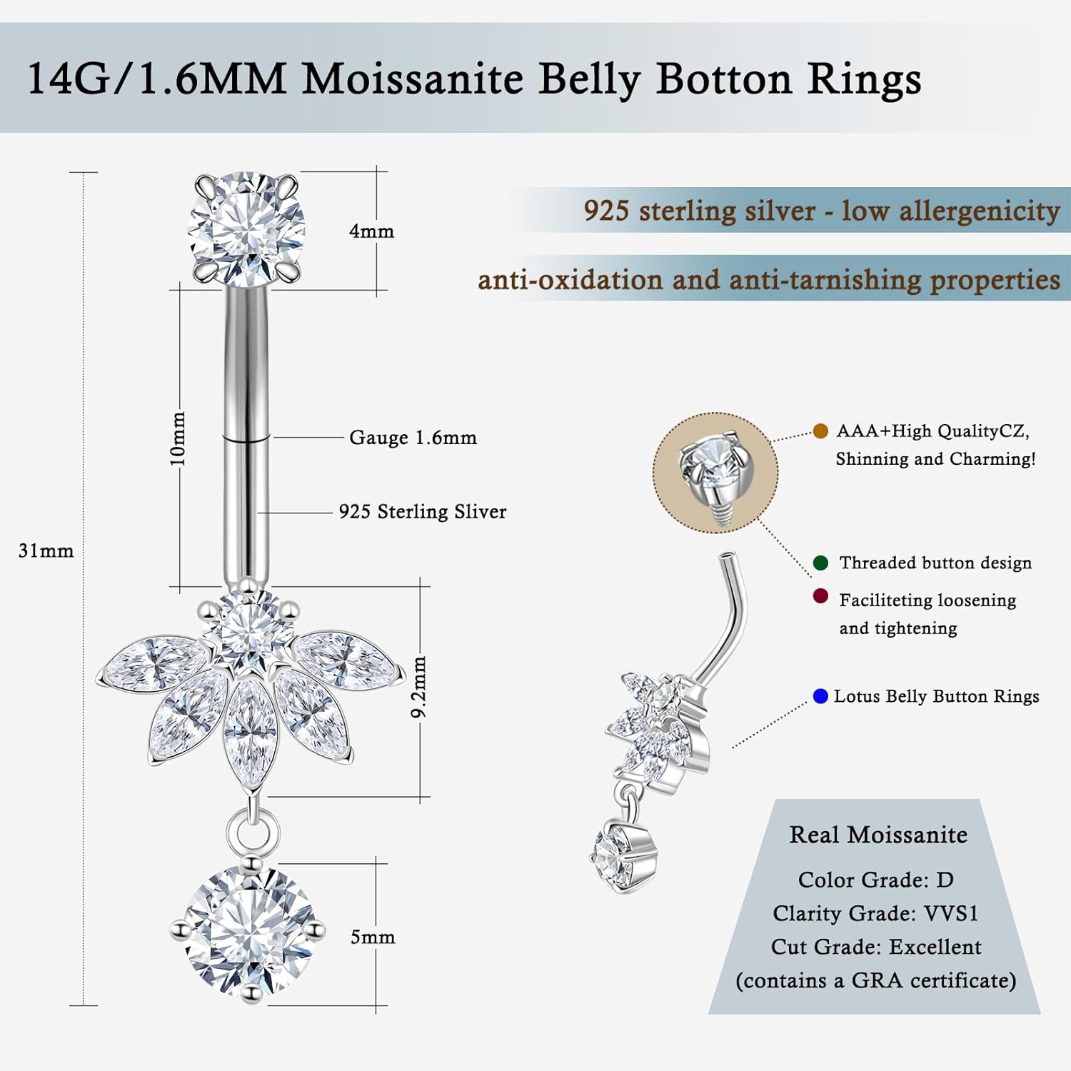 14G/1.6MM Belly Button Rings - 925 Sterling Silver 14G/1.6MM Moissanite Dangle Belly Navel Piercing Rings for Women Beach Festival Christmas Body Jewelry Gifts (1.5ct) - 我的商店我的商店我的商店