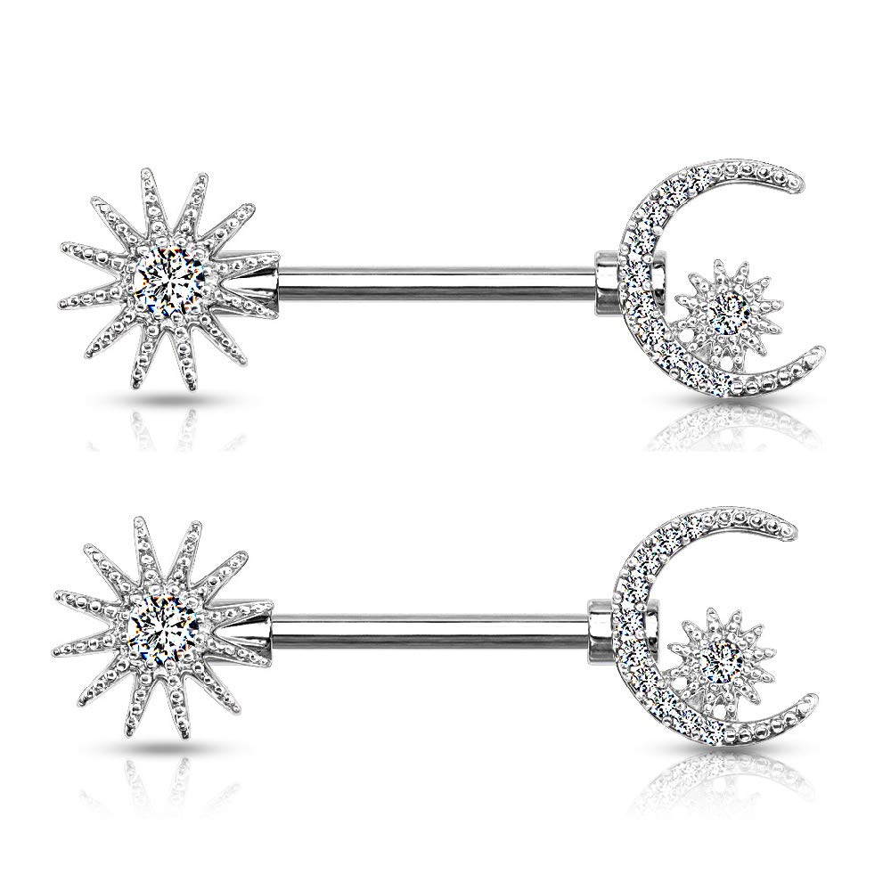 14GA 316L Stainless Steel Crystal Sun, Crescent Moon, and Star Nipple Barbell Rings, Sold as A Pair - QIAO Crystal我的商店QIAO Crystal