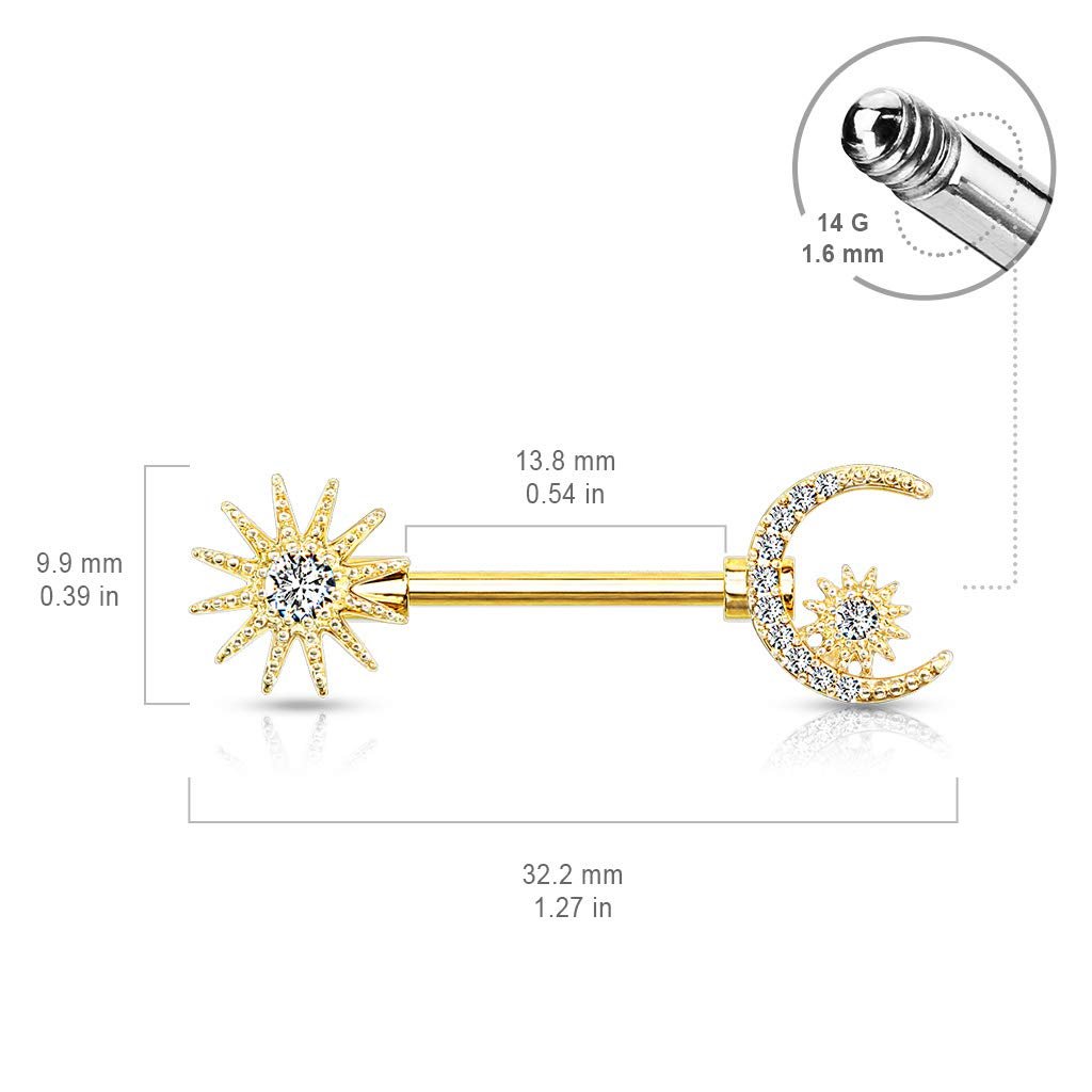 14GA 316L Stainless Steel Crystal Sun, Crescent Moon, and Star Nipple Barbell Rings, Sold as A Pair - QIAO Crystal我的商店QIAO Crystal
