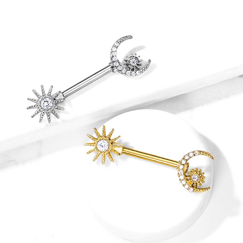 14GA 316L Stainless Steel Crystal Sun, Crescent Moon, and Star Nipple Barbell Rings, Sold as A Pair - QIAO Crystal我的商店QIAO Crystal