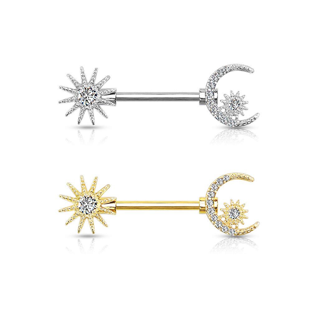 14GA 316L Stainless Steel Crystal Sun, Crescent Moon, and Star Nipple Barbell Rings, Sold as A Pair - QIAO Crystal我的商店QIAO Crystal