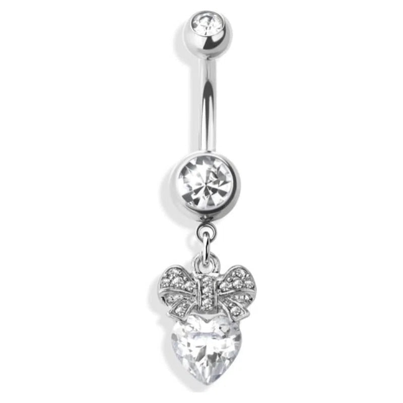 14GA 316L Stainless Steel CZ Crystal Heart with Bow Dangling Belly Button Ring - QIAO CrystalQIAO CrystalQIAO Crystal