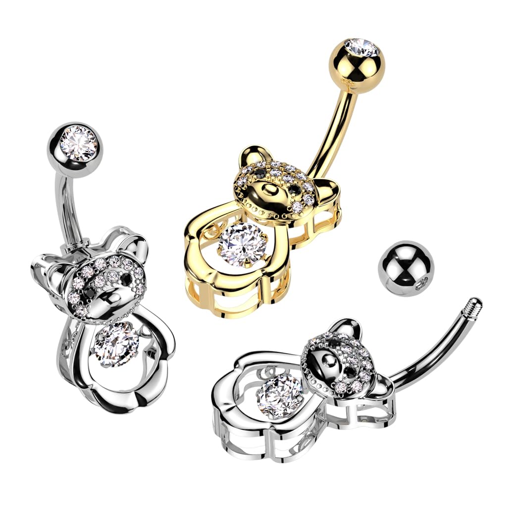 14GA 316L Stainless Steel CZ Crystal Hollow Bear Belly Button Ring - QIAO Crystal我的商店QIAO Crystal