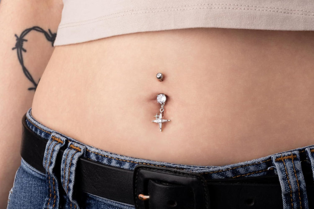 14GA 316L Stainless Steel CZ Crystal Pointed Cross Dangling Belly Button Ring - 我的商店我的商店我的商店