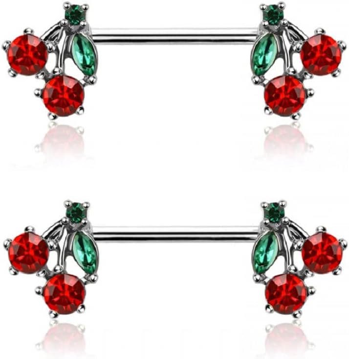14GA 316L Stainless Steel CZ Crystal Red Cherry Ends Nipple Barbells, Sold as a Pair - QIAO CrystalQIAO CrystalQIAO Crystal