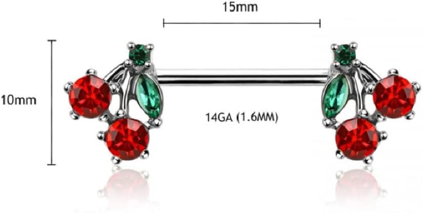 14GA 316L Stainless Steel CZ Crystal Red Cherry Ends Nipple Barbells, Sold as a Pair - QIAO CrystalQIAO CrystalQIAO Crystal