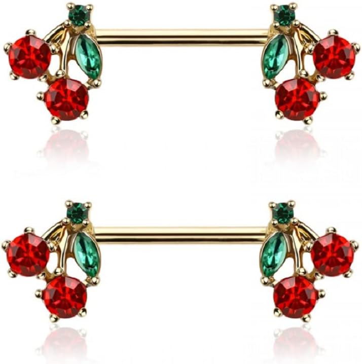 14GA 316L Stainless Steel CZ Crystal Red Cherry Ends Nipple Barbells, Sold as a Pair - QIAO CrystalQIAO CrystalQIAO Crystal