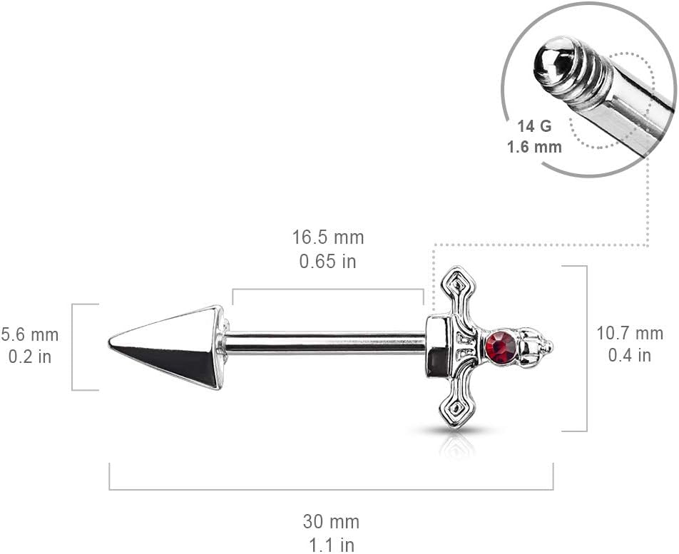14GA 316L Stainless Steel Red Gem Set Dagger Nipple Barbells, Sold as A Pair - QIAO CrystalQIAO CrystalQIAO Crystal