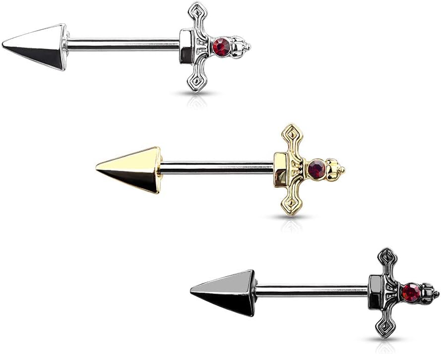 14GA 316L Stainless Steel Red Gem Set Dagger Nipple Barbells, Sold as A Pair - QIAO CrystalQIAO CrystalQIAO Crystal
