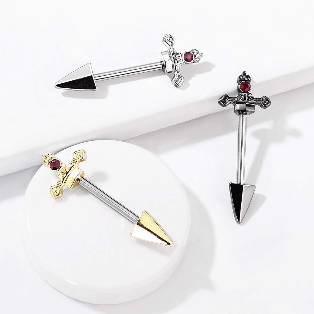 14GA 316L Stainless Steel Red Gem Set Dagger Nipple Barbells, Sold as A Pair - QIAO CrystalQIAO CrystalQIAO Crystal