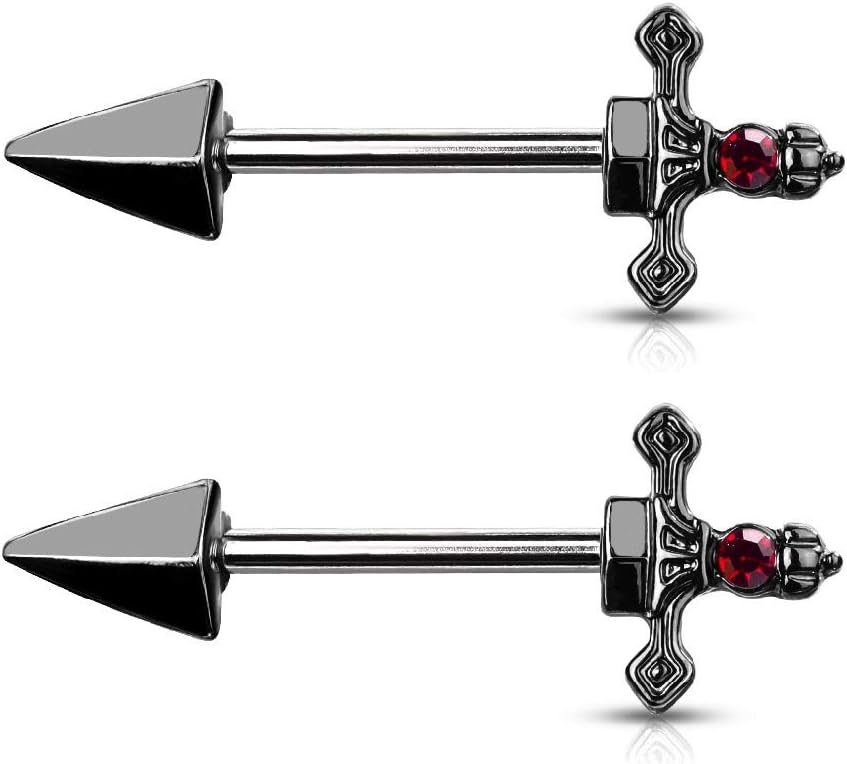 14GA 316L Stainless Steel Red Gem Set Dagger Nipple Barbells, Sold as A Pair - QIAO CrystalQIAO CrystalQIAO Crystal