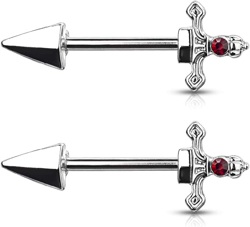 14GA 316L Stainless Steel Red Gem Set Dagger Nipple Barbells, Sold as A Pair - QIAO CrystalQIAO CrystalQIAO Crystal