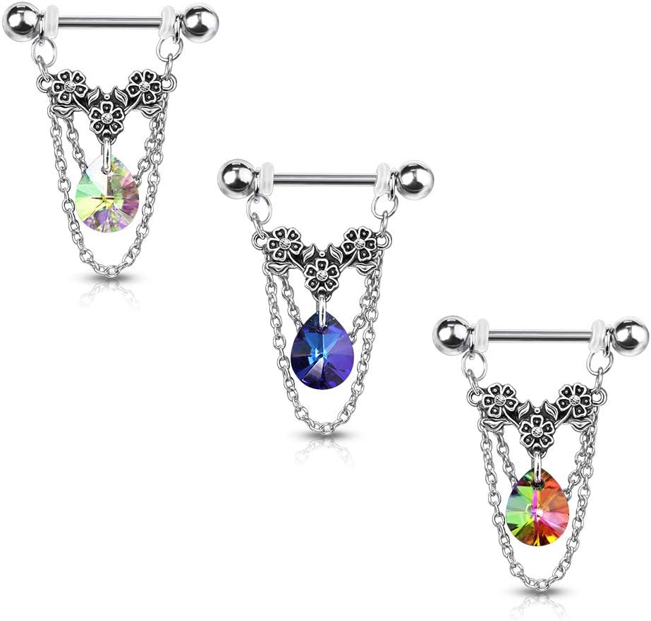 14GA 316L Stainless Steel Triple Flower Dangling Crystal Chains Nipple Barbells, Sold as A Pair - QIAO CrystalQIAO CrystalQIAO Crystal