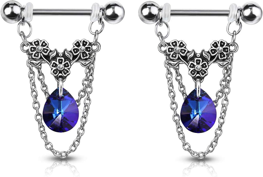14GA 316L Stainless Steel Triple Flower Dangling Crystal Chains Nipple Barbells, Sold as A Pair - QIAO CrystalQIAO CrystalQIAO Crystal