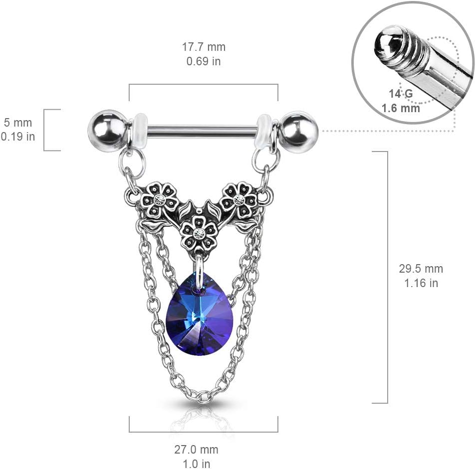 14GA 316L Stainless Steel Triple Flower Dangling Crystal Chains Nipple Barbells, Sold as A Pair - QIAO CrystalQIAO CrystalQIAO Crystal