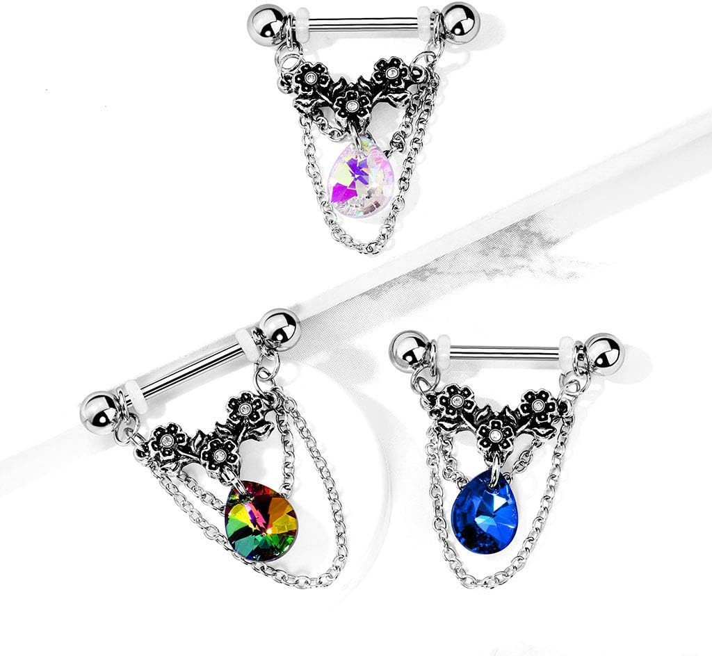 14GA 316L Stainless Steel Triple Flower Dangling Crystal Chains Nipple Barbells, Sold as A Pair - QIAO CrystalQIAO CrystalQIAO Crystal