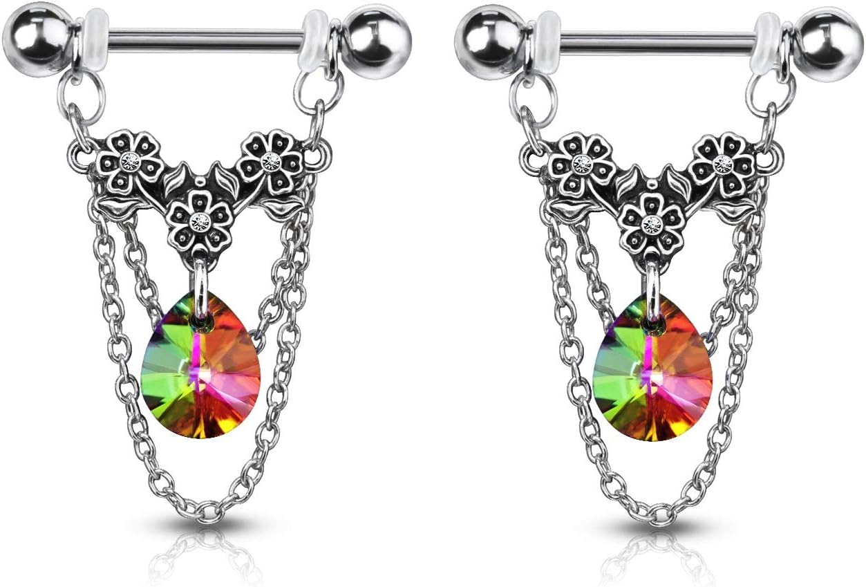 14GA 316L Stainless Steel Triple Flower Dangling Crystal Chains Nipple Barbells, Sold as A Pair - QIAO CrystalQIAO CrystalQIAO Crystal