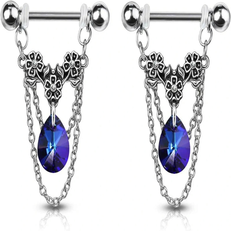 14GA 316L Stainless Steel Triple Flower Dangling Crystal Chains Nipple Barbells