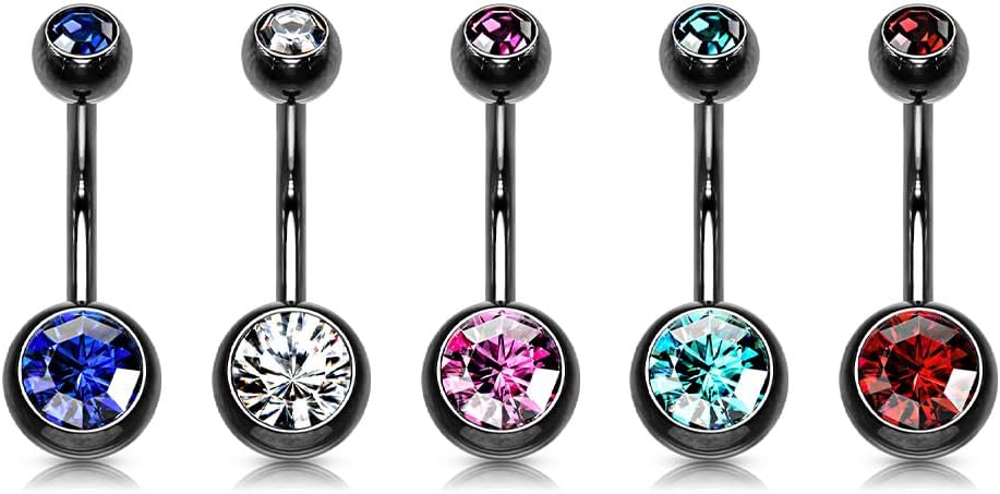 14GA Black Titanium IP 316L Double CZ Barbell Belly Ring - 我的商店我的商店我的商店