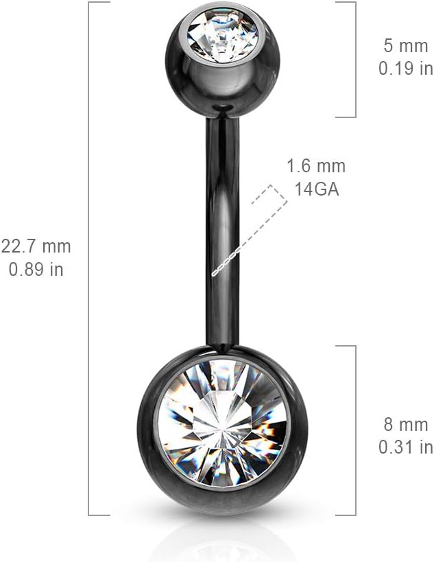 14GA Black Titanium IP 316L Double CZ Barbell Belly Ring - 我的商店我的商店我的商店