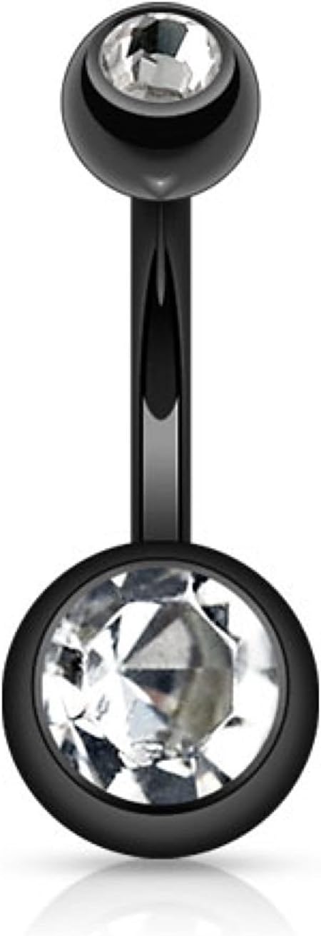 14GA Black Titanium IP 316L Double CZ Barbell Belly Ring - 我的商店我的商店我的商店