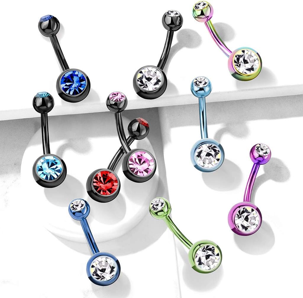 14GA Black Titanium IP 316L Double CZ Barbell Belly Ring - 我的商店我的商店我的商店