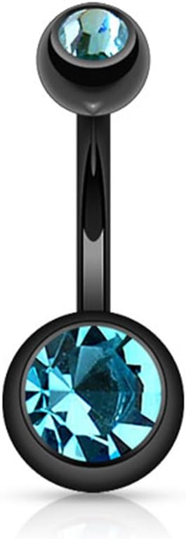 14GA Black Titanium IP 316L Double CZ Barbell Belly Ring - 我的商店我的商店我的商店