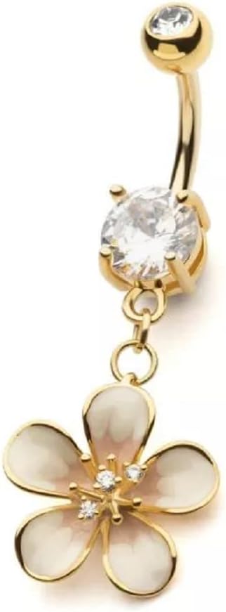 14GA Gold Plated 316L Stainless Steel CZ Crystal White Flower Dangling Belly Button Ring - 我的商店我的商店我的商店