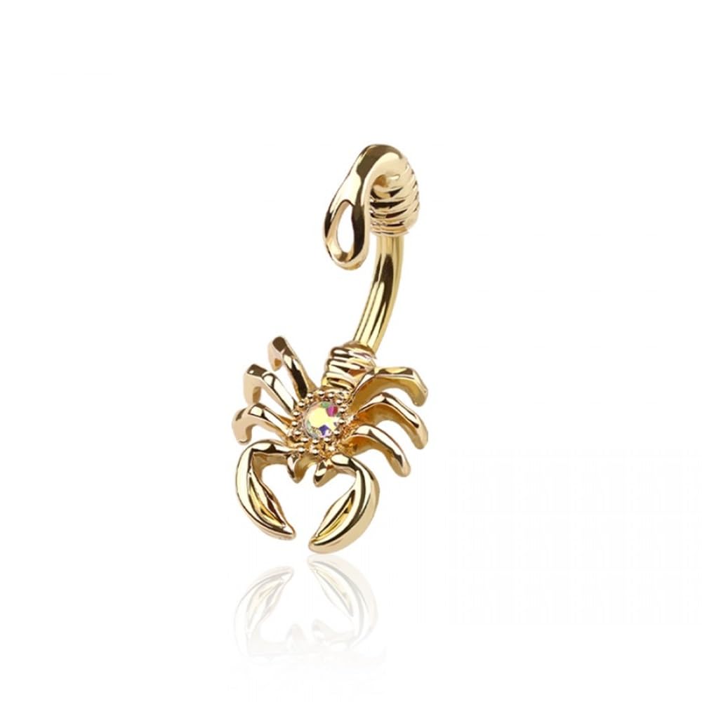 14GA Gold Plated 316L Stainless Steel Scorpion with CZ Crystal Center Belly Button Ring - QIAO Crystal我的商店QIAO Crystal