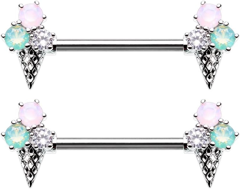 14GA Stainless Steel CZ Crystal Ice Cream Cone Nipple Barbells, Sold as a Pair - QIAO CrystalQIAO CrystalQIAO Crystal