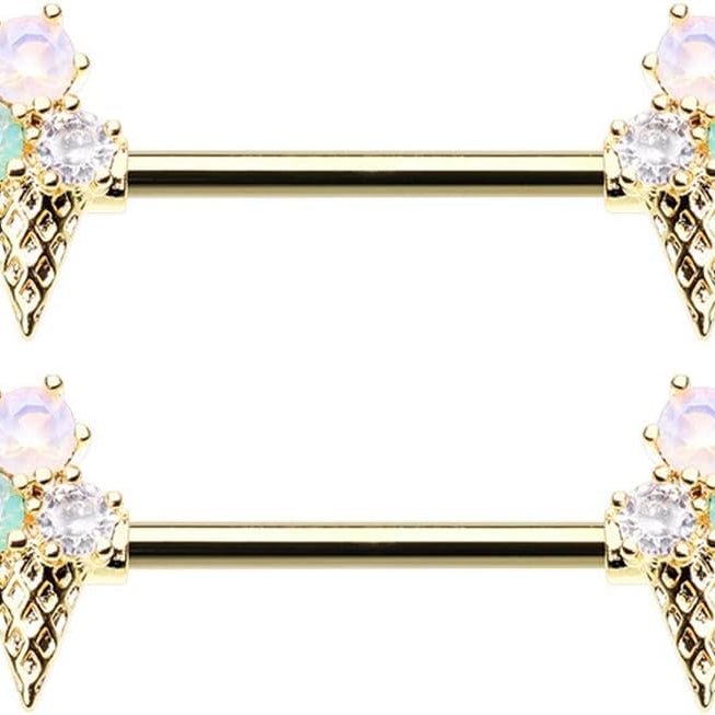 14GA Stainless Steel CZ Crystal Ice Cream Cone Nipple Barbells, Sold as a Pair - QIAO CrystalQIAO CrystalQIAO Crystal