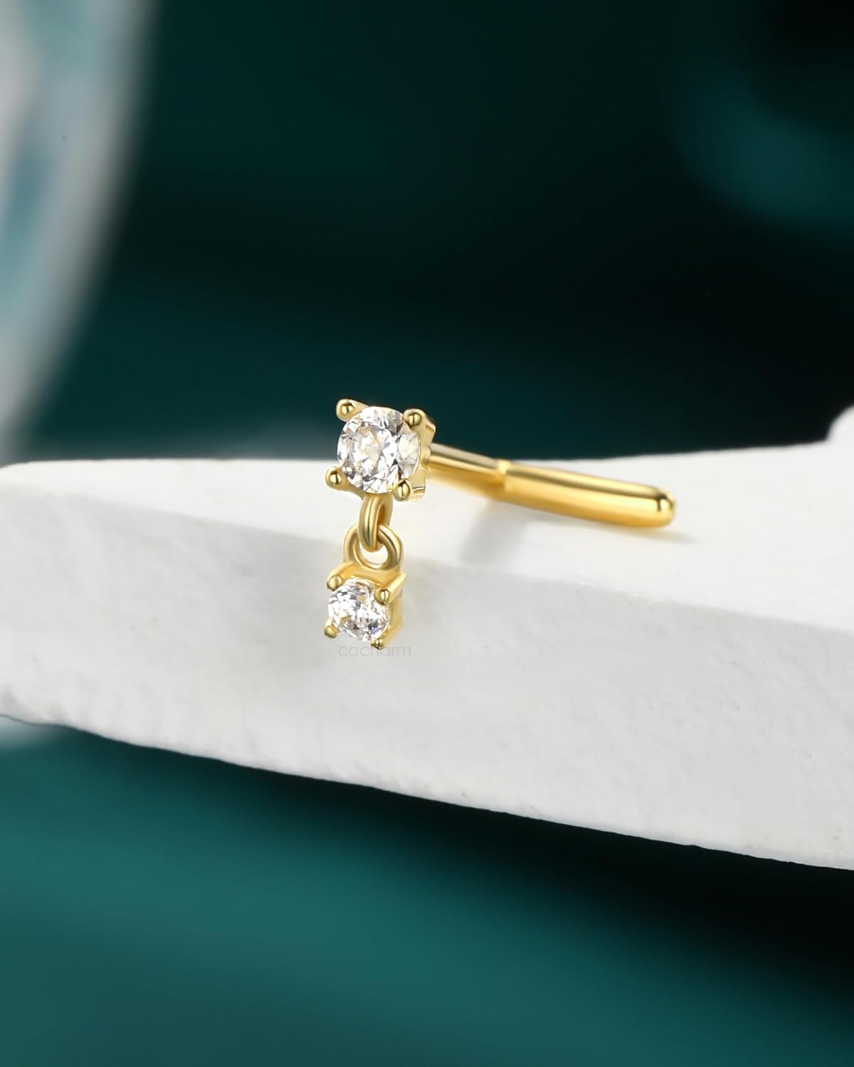 14K Gold Dangle Nose Stud 20g 22g 18g - Real Gold L Shape Nose Ring Stud - QIAO CrystalQIAO CrystalQIAO Crystal