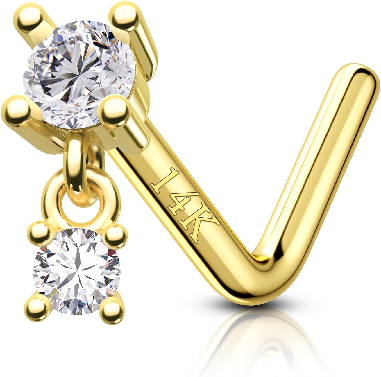 14K Gold Dangle Nose Stud 20g 22g 18g - Real Gold L Shape Nose Ring Stud - QIAO CrystalQIAO CrystalQIAO Crystal