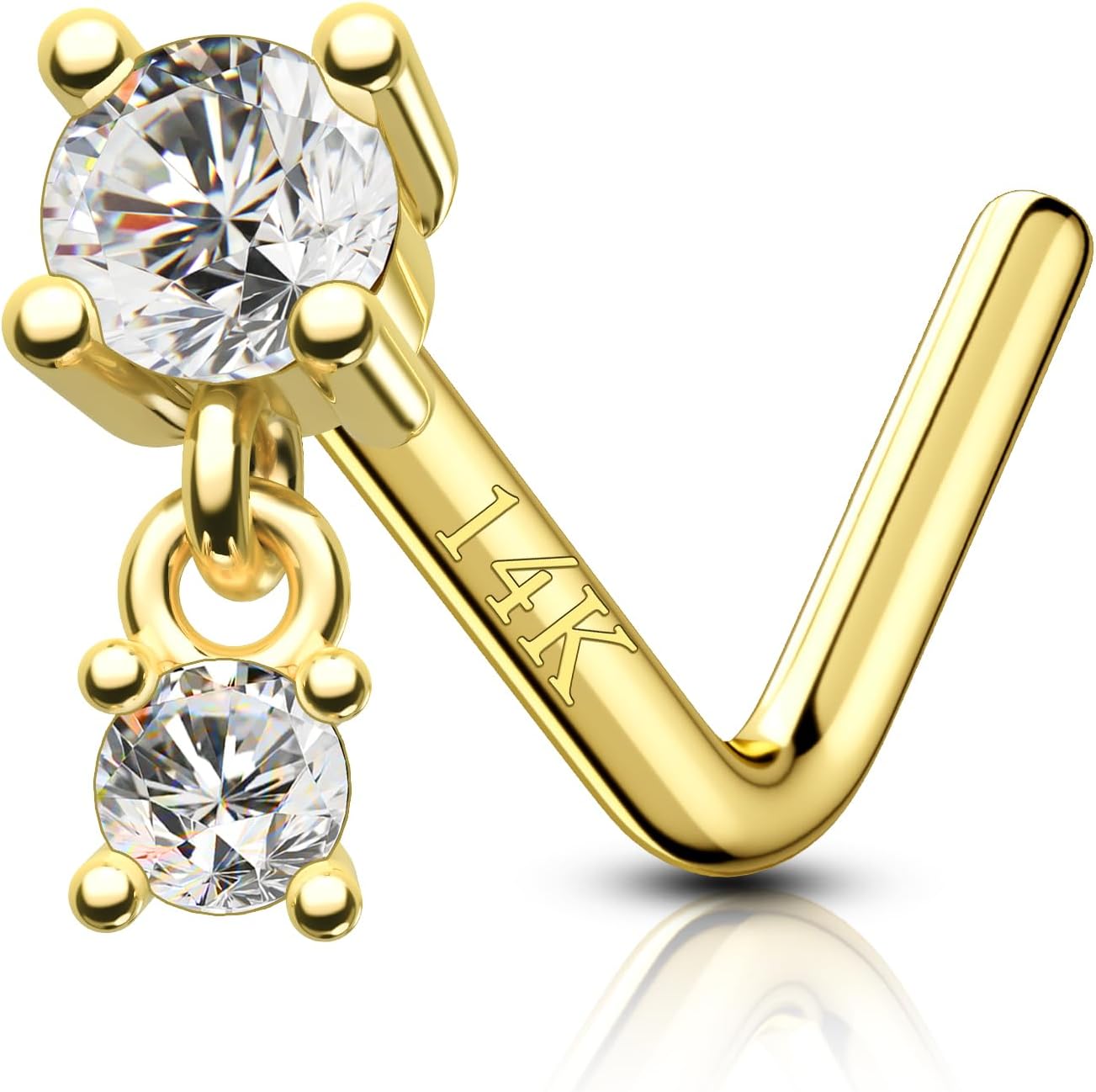 14K Gold Dangle Nose Stud 20g 22g 18g - Real Gold L Shape Nose Ring Stud - QIAO CrystalQIAO CrystalQIAO Crystal